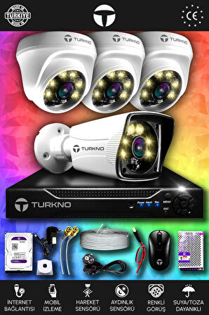 TURKNO 4 Kameralı Karie 3 İç Kamera Set 320 GB HDD Full HD Renkli Gece Görüşlü Güvenlik Kamerası Sistemi