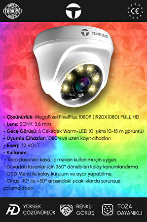 TURKNO 4 Kameralı Karie 2 İç Kamera Set 250 GB HDD Full HD Renkli Gece Görüşlü Güvenlik Kamerası Sistemi