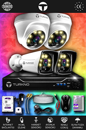 TURKNO 4 Kameralı Karie 2 İç Kamera Set 320 GB HDD Full HD Renkli Gece Görüşlü Güvenlik Kamerası Sistemi