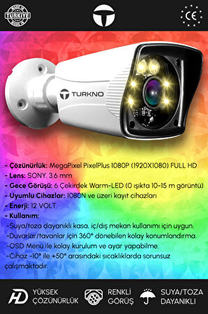 TURKNO 3 Kameralı Karie 3 Dış Kamera Set HDD'siz Full HD Renkli Gece Görüşlü Güvenlik Kamerası Sistemi
