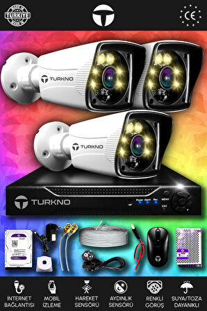 TURKNO 3 Kameralı Karie 3 Dış Kamera Set 500 GB HDD Full HD Renkli Gece Görüşlü Güvenlik Kamerası Sistemi