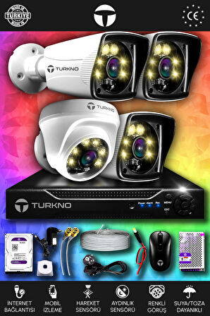TURKNO 4 Kameralı Karie 1 İç Kamera Set 100 GB HDD Full HD Renkli Gece Görüşlü Güvenlik Kamerası Sistemi