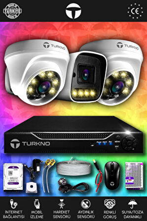 TURKNO 3 Kameralı Navie 2 İç Kamera Set 1 TB HDD Full HD Renkli Gece Görüşlü Güvenlik Kamerası Sistemi