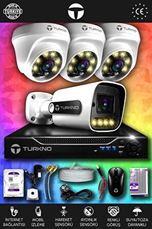 TURKNO 4 Kameralı Navie 3 İç Kamera Set 500 GB HDD Full HD Renkli Gece Görüşlü Güvenlik Kamerası Sistemi