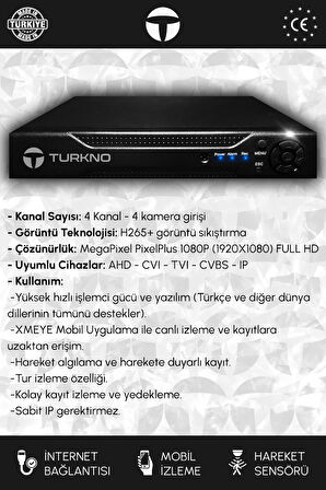 TURKNO 4 Kameralı Navie 2 İç Kamera Set HDD'siz Full HD Renkli Gece Görüşlü Güvenlik Kamerası Sistemi
