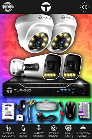 TURKNO 4 Kameralı Navie 2 İç Kamera Set 100 GB HDD Full HD Renkli Gece Görüşlü Güvenlik Kamerası Sistemi