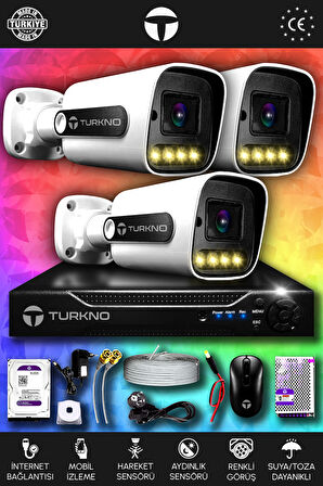 TURKNO 3 Kameralı Navie 3 Dış Kamera Set 250 GB HDD Full HD Renkli Gece Görüşlü Güvenlik Kamerası Sistemi