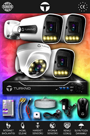 TURKNO 4 Kameralı Navie 1 İç Kamera Set HDD'siz Full HD Renkli Gece Görüşlü Güvenlik Kamerası Sistemi