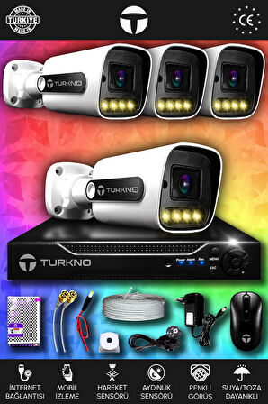 TURKNO 4 Kameralı Navie 4 Dış Kamera Set HDD'siz Full HD Renkli Gece Görüşlü Güvenlik Kamerası Sistemi