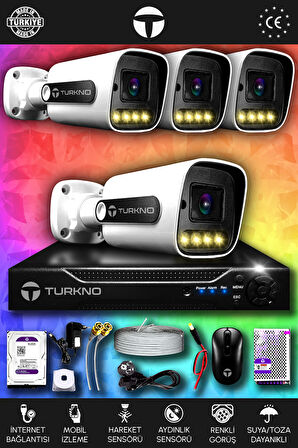 TURKNO 4 Kameralı Navie 4 Dış Kamera Set 100 GB HDD Full HD Renkli Gece Görüşlü Güvenlik Kamerası Sistemi