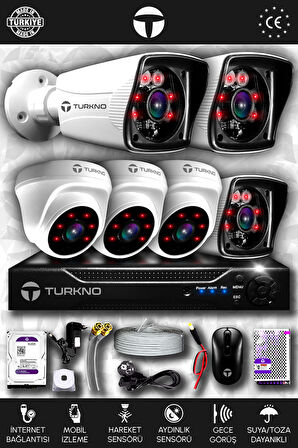 TURKNO 6 Kameralı Karia 3 İç Kamera Set 320 GB HDD Full HD Gece Görüşlü Güvenlik Kamerası Sistemi