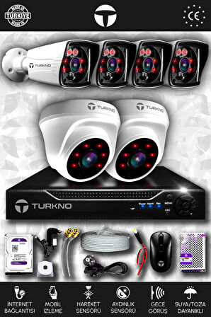 TURKNO 6 Kameralı Karia 2 İç Kamera Set 100 GB HDD Full HD Gece Görüşlü Güvenlik Kamerası Sistemi