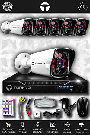 TURKNO 6 Kameralı Karia 6 Dış Kamera Set HDD'siz Full HD Gece Görüşlü Güvenlik Kamerası Sistemi