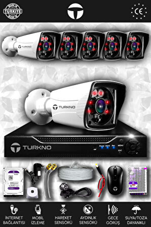 TURKNO 6 Kameralı Karia 6 Dış Kamera Set 500 GB HDD Full HD Gece Görüşlü Güvenlik Kamerası Sistemi