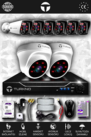 TURKNO 8 Kameralı Karia 2 İç Kamera Set 100 GB HDD Full HD Gece Görüşlü Güvenlik Kamerası Sistemi