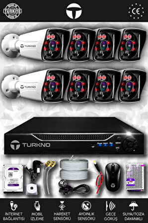 TURKNO 8 Kameralı Karia 8 Dış Kamera Set 100 GB HDD Full HD Gece Görüşlü Güvenlik Kamerası Sistemi