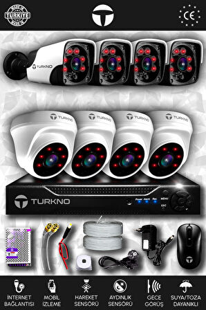 TURKNO 8 Kameralı Pania 4 İç Kamera Set HDD'siz Full HD Gece Görüşlü Güvenlik Kamerası Sistemi