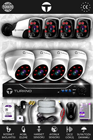 TURKNO 8 Kameralı Pania 4 İç Kamera Set 100 GB HDD Full HD Gece Görüşlü Güvenlik Kamerası Sistemi