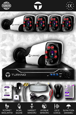 TURKNO 5 Kameralı Pania 5 Dış Kamera Set 100 GB HDD Full HD Gece Görüşlü Güvenlik Kamerası Sistemi