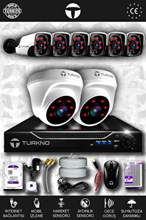 TURKNO 8 Kameralı Pania 2 İç Kamera Set 320 GB HDD Full HD Gece Görüşlü Güvenlik Kamerası Sistemi