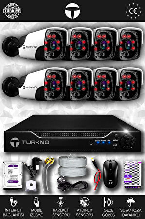 TURKNO 8 Kameralı Pania 8 Dış Kamera Set 100 GB HDD Full HD Gece Görüşlü Güvenlik Kamerası Sistemi