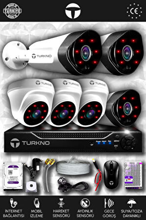 TURKNO 6 Kameralı Galia 3 İç Kamera Set 2 TB HDD Full HD Gece Görüşlü Güvenlik Kamerası Sistemi