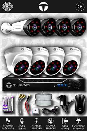 TURKNO 8 Kameralı Galia 4 İç Kamera Set HDD'siz Full HD Gece Görüşlü Güvenlik Kamerası Sistemi