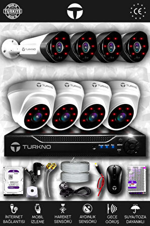TURKNO 8 Kameralı Galia 4 İç Kamera Set 250 GB HDD Full HD Gece Görüşlü Güvenlik Kamerası Sistemi