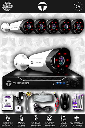 TURKNO 6 Kameralı Galia 6 Dış Kamera Set 100 GB HDD Full HD Gece Görüşlü Güvenlik Kamerası Sistemi