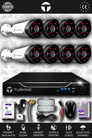 TURKNO 8 Kameralı Galia 8 Dış Kamera Set 250 GB HDD Full HD Gece Görüşlü Güvenlik Kamerası Sistemi