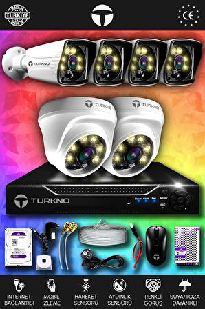 TURKNO 6 Kameralı Karie 2 İç Kamera Set 100 GB HDD Full HD Renkli Gece Görüşlü Güvenlik Kamerası Sistemi