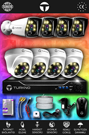 TURKNO 8 Kameralı Karie 4 İç Kamera Set HDD'siz Full HD Renkli Gece Görüşlü Güvenlik Kamerası Sistemi