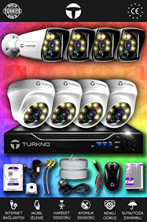 TURKNO 8 Kameralı Karie 4 İç Kamera Set 250 GB HDD Full HD Renkli Gece Görüşlü Güvenlik Kamerası Sistemi