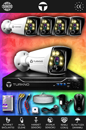 TURKNO 5 Kameralı Karie 5 Dış Kamera Set HDD'siz Full HD Renkli Gece Görüşlü Güvenlik Kamerası Sistemi