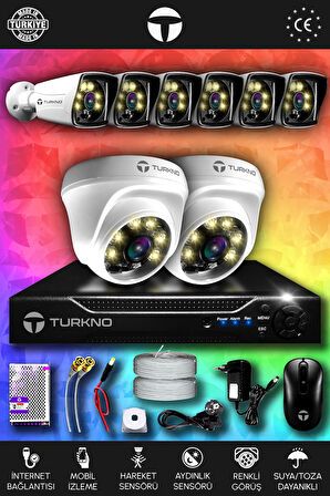 TURKNO 8 Kameralı Karie 2 İç Kamera Set HDD'siz Full HD Renkli Gece Görüşlü Güvenlik Kamerası Sistemi