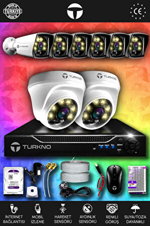 TURKNO 8 Kameralı Karie 2 İç Kamera Set 1 TB HDD Full HD Renkli Gece Görüşlü Güvenlik Kamerası Sistemi