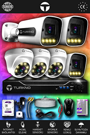 TURKNO 6 Kameralı Navie 3 İç Kamera Set 1 TB HDD Full HD Renkli Gece Görüşlü Güvenlik Kamerası Sistemi