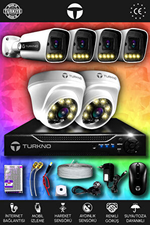 TURKNO 6 Kameralı Navie 2 İç Kamera Set HDD'siz Full HD Renkli Gece Görüşlü Güvenlik Kamerası Sistemi