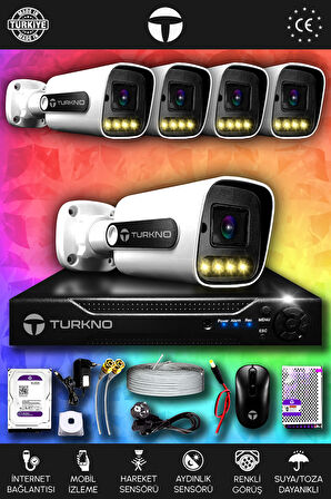 TURKNO 5 Kameralı Navie 5 Dış Kamera Set 100 GB HDD Full HD Renkli Gece Görüşlü Güvenlik Kamerası Sistemi