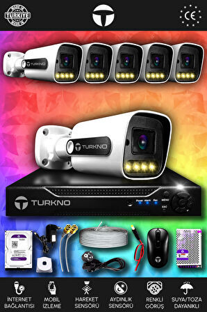 TURKNO 6 Kameralı Navie 6 Dış Kamera Set 2 TB HDD Full HD Renkli Gece Görüşlü Güvenlik Kamerası Sistemi