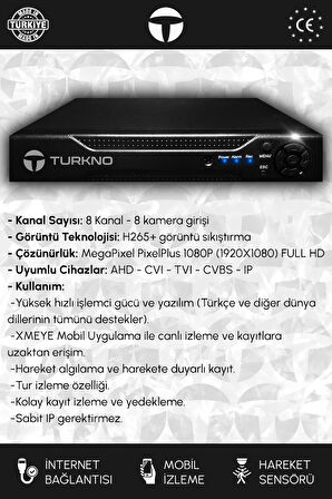 TURKNO 6 Kameralı Navie 6 Dış Kamera Set 2 TB HDD Full HD Renkli Gece Görüşlü Güvenlik Kamerası Sistemi