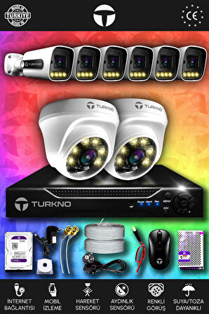 TURKNO 8 Kameralı Navie 2 İç Kamera Set 100 GB HDD Full HD Renkli Gece Görüşlü Güvenlik Kamerası Sistemi