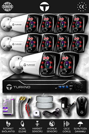 TURKNO 10 Kameralı Karia 10 Dış Kamera Set HDD'siz Full HD Gece Görüşlü Güvenlik Kamerası Sistemi