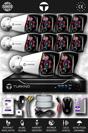 TURKNO 10 Kameralı Karia 10 Dış Kamera Set 100 GB HDD Full HD Gece Görüşlü Güvenlik Kamerası Sistemi