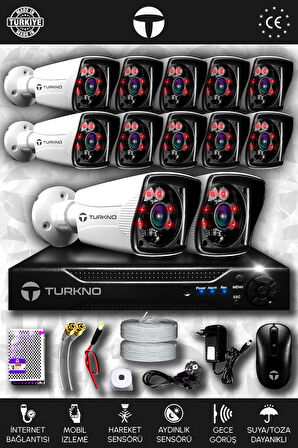 TURKNO 12 Kameralı Karia 12 Dış Kamera Set HDD'siz Full HD Gece Görüşlü Güvenlik Kamerası Sistemi