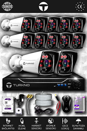 TURKNO 12 Kameralı Karia 12 Dış Kamera Set 250 GB HDD Full HD Gece Görüşlü Güvenlik Kamerası Sistemi