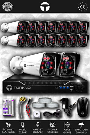 TURKNO 16 Kameralı Karia 16 Dış Kamera Set HDD'siz Full HD Gece Görüşlü Güvenlik Kamerası Sistemi