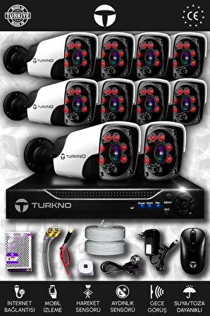 TURKNO 10 Kameralı Pania 10 Dış Kamera Set HDD'siz Full HD Gece Görüşlü Güvenlik Kamerası Sistemi