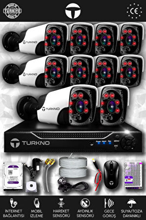 TURKNO 10 Kameralı Pania 10 Dış Kamera Set 100 GB HDD Full HD Gece Görüşlü Güvenlik Kamerası Sistemi