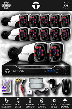 TURKNO 12 Kameralı Pania 12 Dış Kamera Set HDD'siz Full HD Gece Görüşlü Güvenlik Kamerası Sistemi